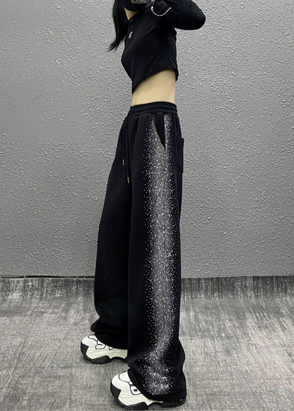 Black Pockets Zircon Elastic Waist Cotton Pants Fall