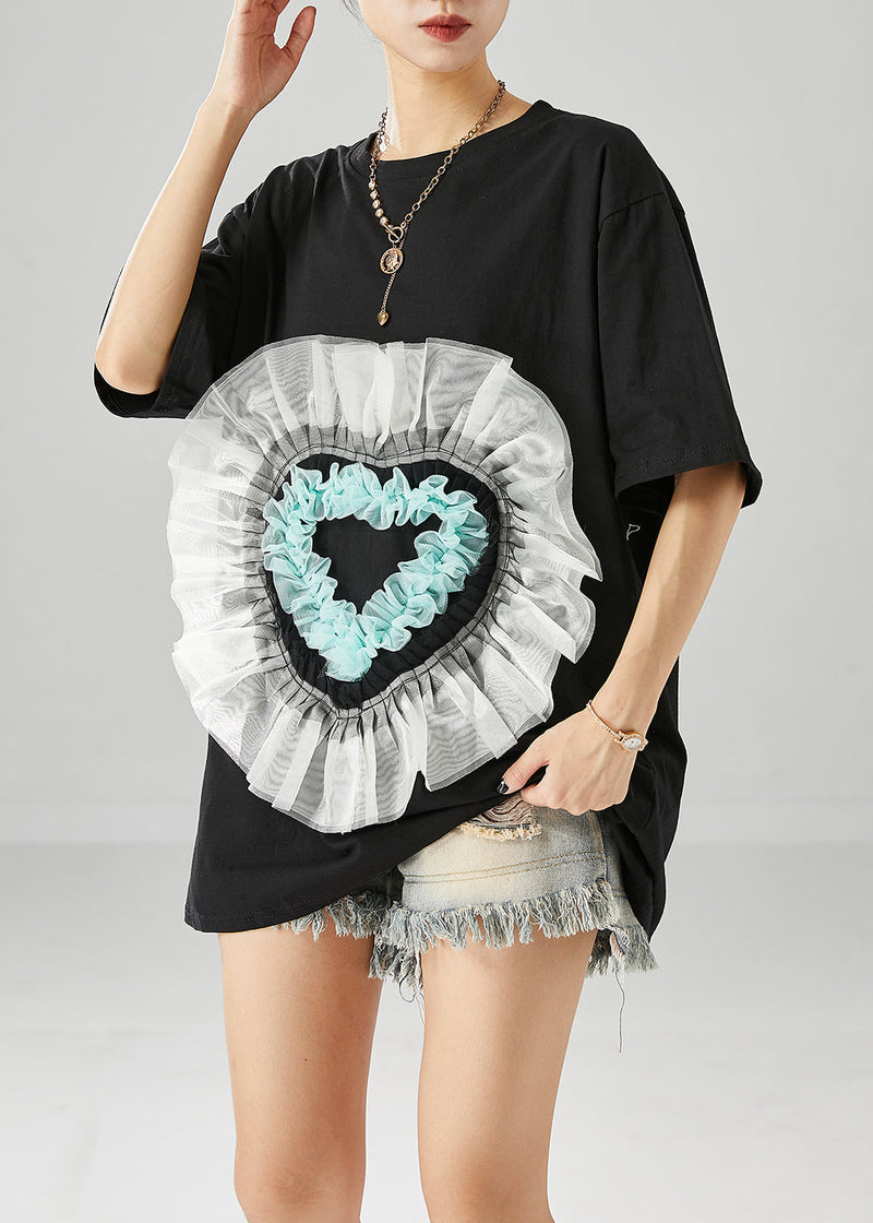 Black Oversized Patchwork Love Appliqued Cotton Tank Tops Summer