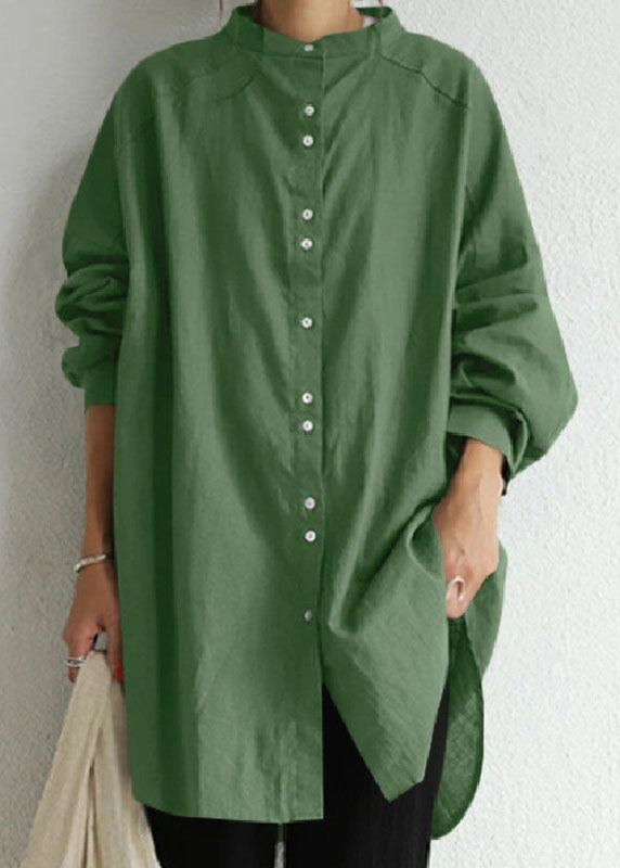 Green Stand Collar Patchwork Cotton Shirt Tops Spring