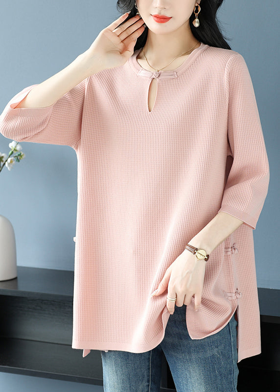 Green O Neck Oriental Button Ice Silk Knit Top Spring