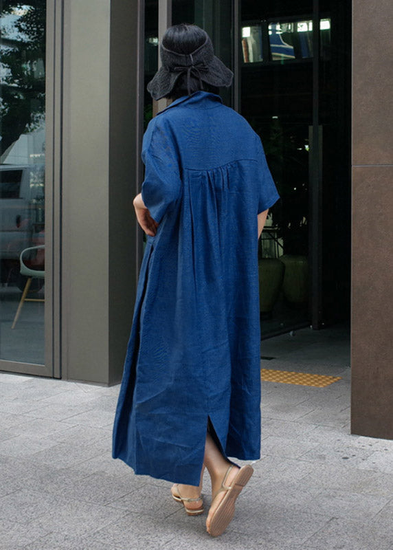 Blue Wrinkled Side Open Linen Dress Short Sleeve Summer