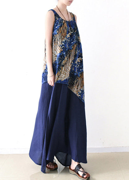 Blue Asymmetrical Print Chiffon Top and Linen Spaghetti Strap Dress Two Pieces Set Summer