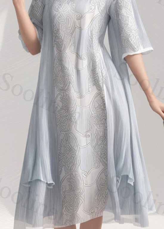 Light Blue O Neck Print Wrinkled Patchwork Silk Dress Summer