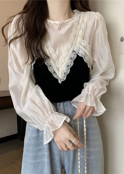French White O-neck Lace Patchwork Silk Velour Blouse Tops Spring