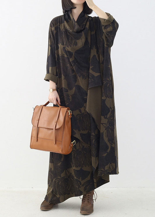 Boutique Tea Green Button Print Asymmetrical Design Fall Dresses Long Sleeve