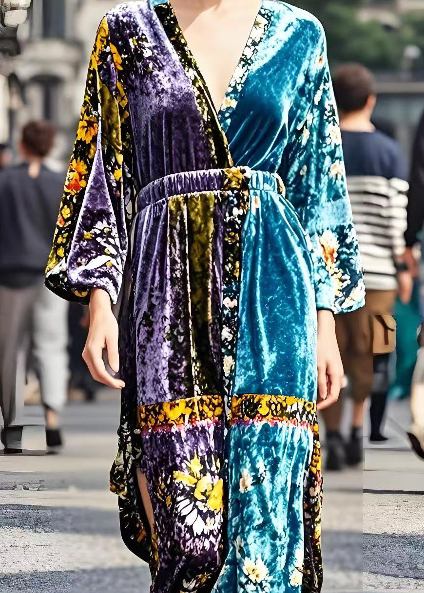 Boutique Cinched Patchwork Side Open Silk Velour Dress Spring