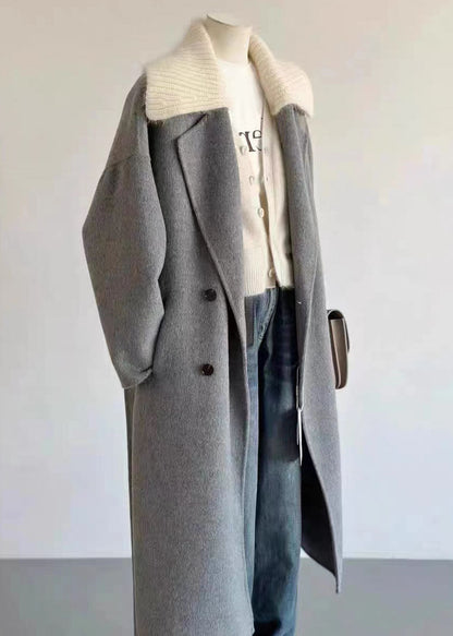 Grey Peter Pan Collar Pockets Knit Patchwork Woolen Long Coats Long Sleeve