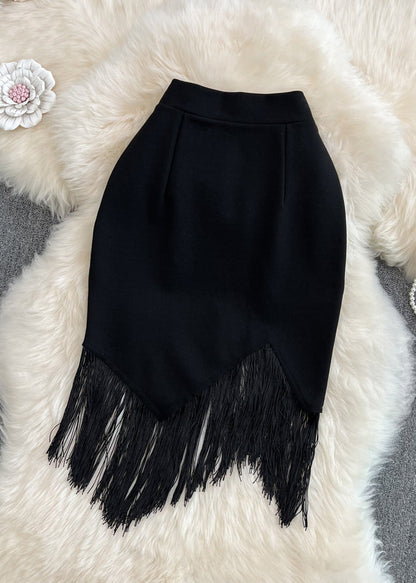 Black Asymmetrical High Waist Tassel Skirt Spring
