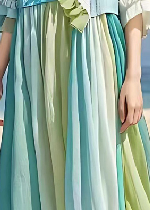 Light Blue Ruffled Patchwork Wrinkled Linen Dress Summer