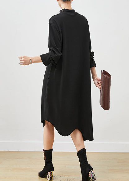 Black Asymmetrical Embroideried Cotton Dress Spring