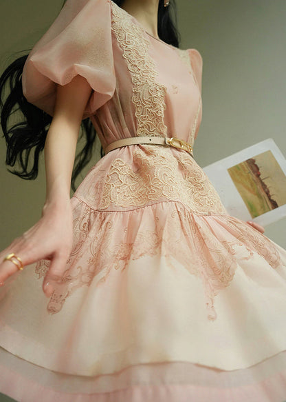 Pink O-neck Embroidered Mid Dresses Summer