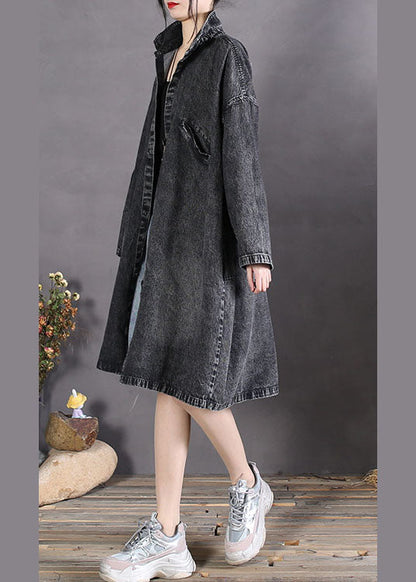 Diy Charcoal Grey Peter Pan Collar Button Denim Coats Spring