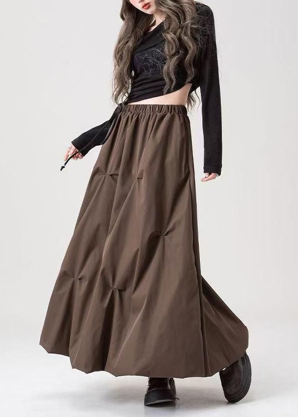 Grey Wrinkled Elastic Waist Cotton Skirts Fall