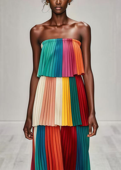 Multicolor Layered Wrinkled Chiffon Strapless Dress Summer