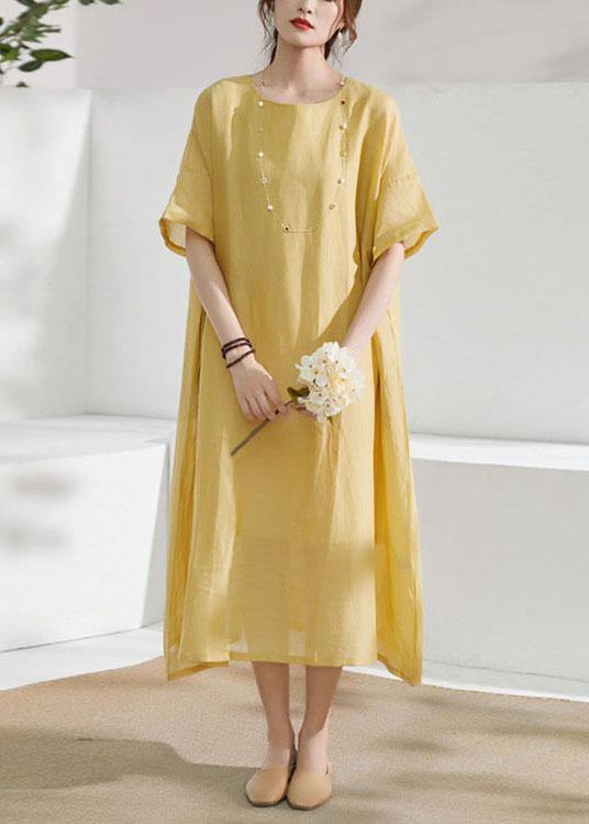 Italian Yellow Pockets Patchwork Summer Ramie Dress Half Sleeve