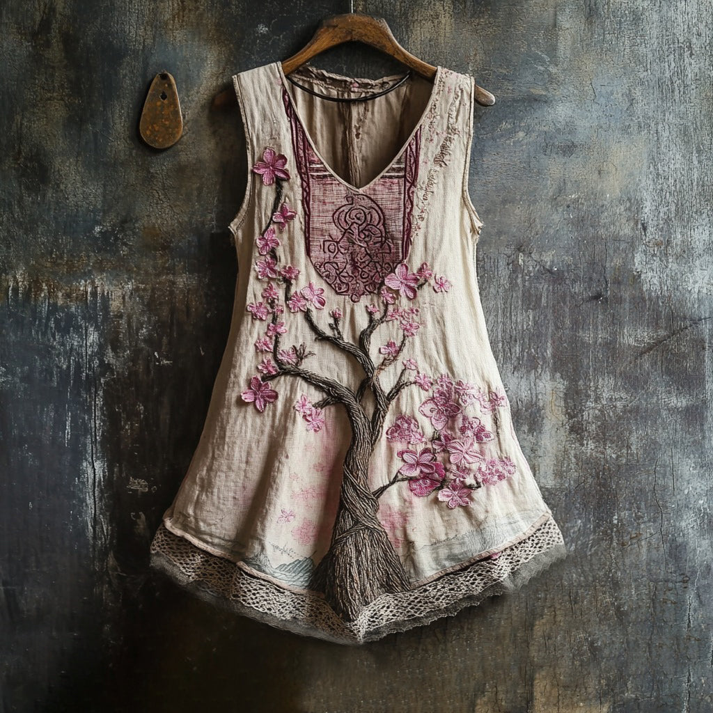 Women's Cherry Blossom Embroidery Lace Art Linen Tank artswardrobe