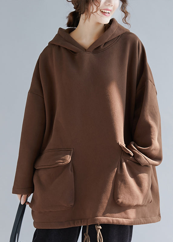 Chocolate Colour Pockets Drawstring Cotton Hooded Pullover Long Sleeve