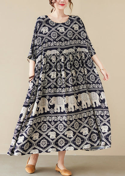 Loose Black O-neck Print Maxi Cotton Dress Half Sleeve Summer