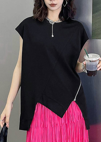 Modern Black O-neck Asymmetrical Patchwork Cotton T Shirt Summer