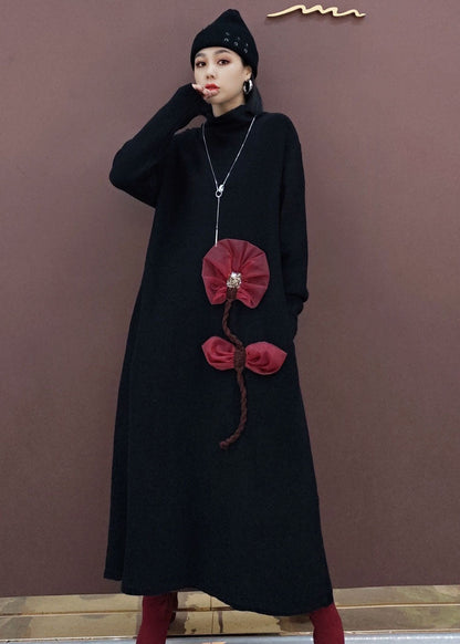 Black Turtle Neck Knit Knit Sweater Dress Spring