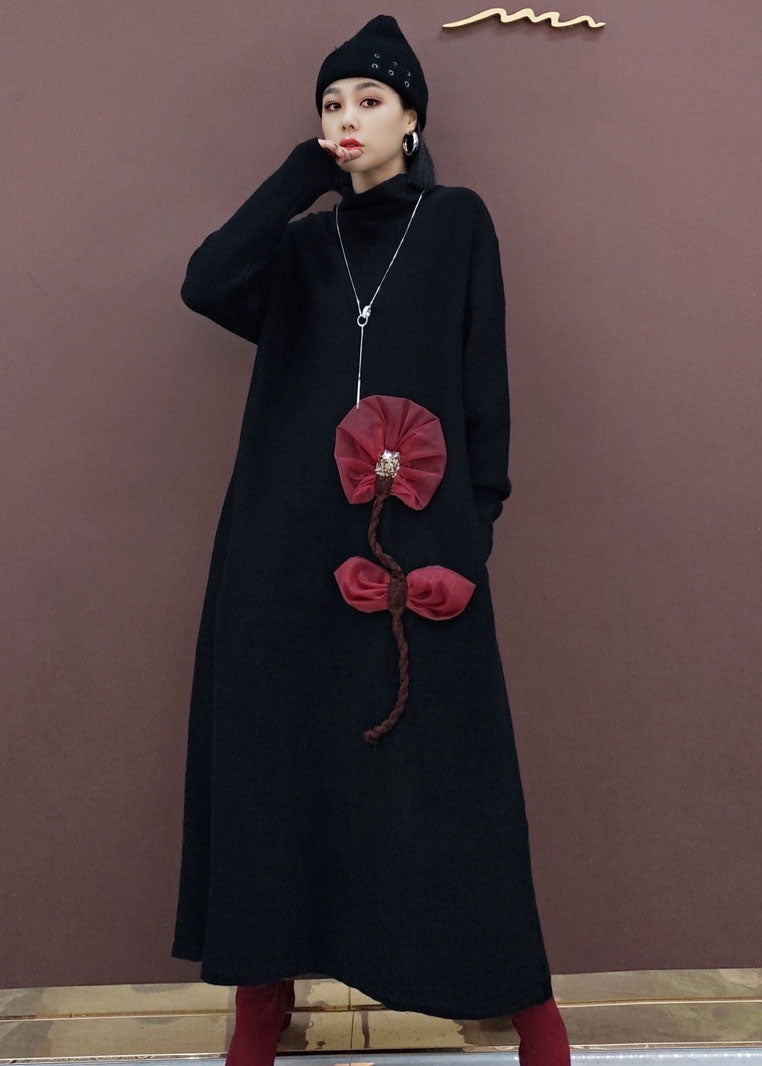 Black Turtle Neck Knit Knit Sweater Dress Spring