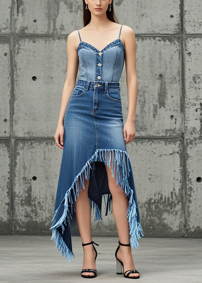 Blue Tasseled Asymmetrical Design Denim Skirt Fall