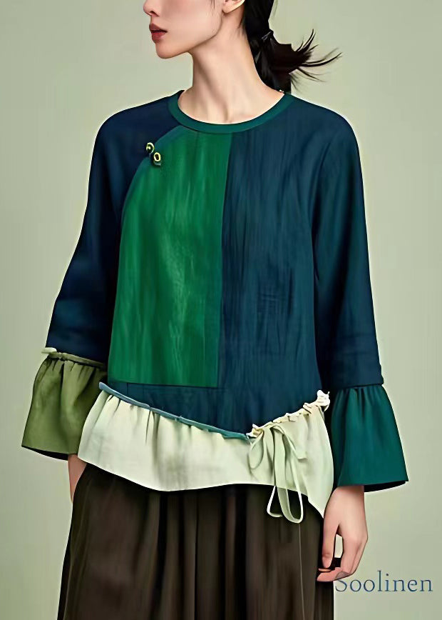 Navy O Neck Lace Up Patchwork Cotton T Shirts Long Sleeve