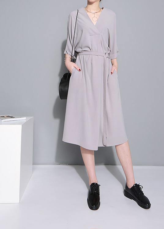 Grey Half Sleeve Long Summer Chiffon Dress