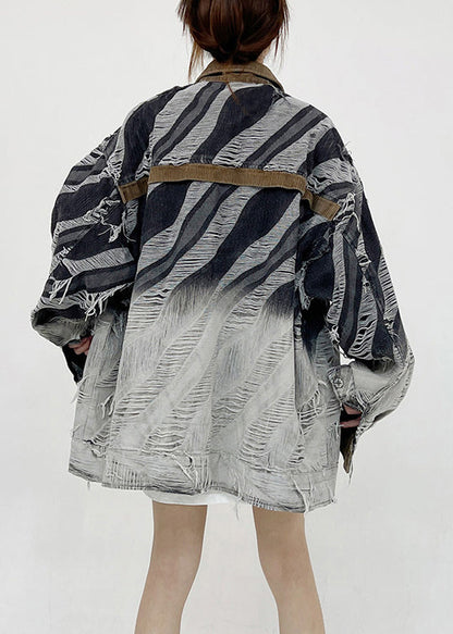 Striped Button Hole Patchwork Style Denim Coats Fall