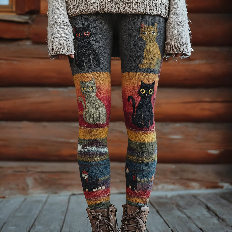 Comstylish Christmas Fun Cat Knitting Tight-fitting Leggings