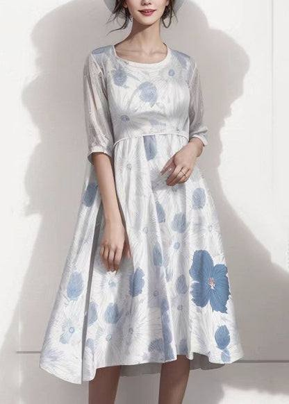 French Light Grey Print Patchwork Silk Maxi Dress Summer