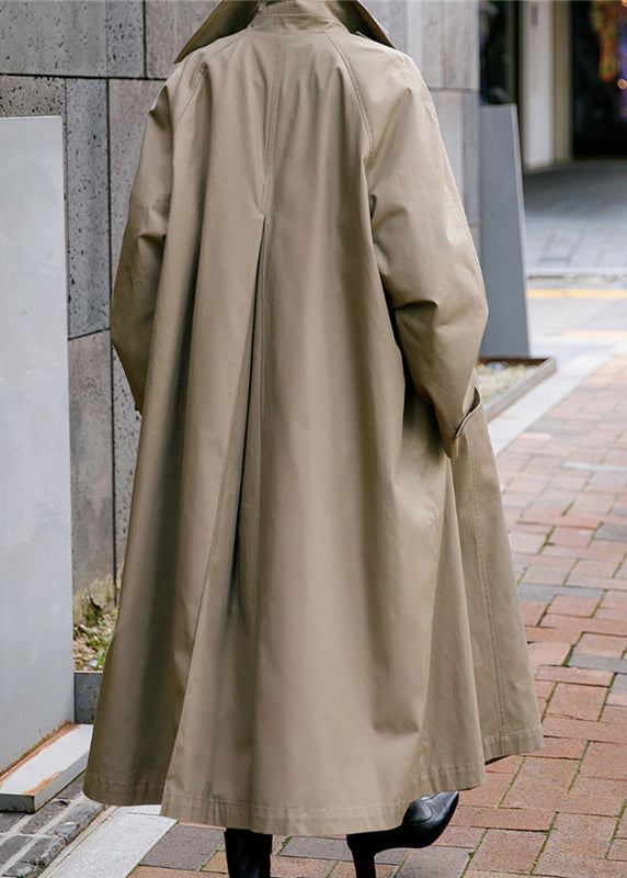 Khaki Peter Pan Collar Tie Waist Button Pockets Cotton Trench Coats Long Sleeve Fall