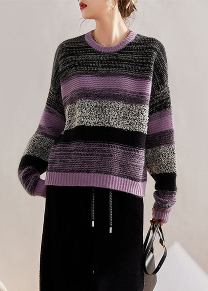 Purple O Neck Patchwork Cozy Cotton Knit Sweaters Fall