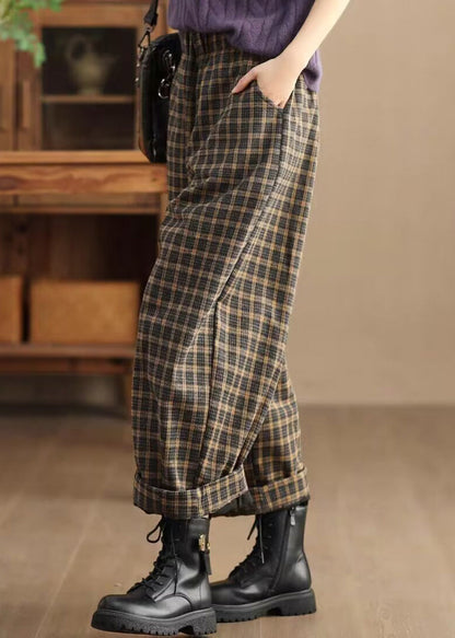 Pockets Plaid Elastic Waist Trousers Spring