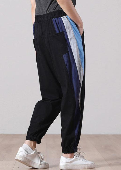 Black Elastic Waist Pockets Sports Cotton Pants
