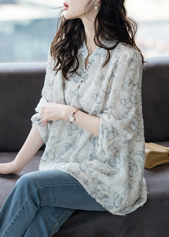 White Butterfly Chiffon Eyelash Shirt Tops Fall