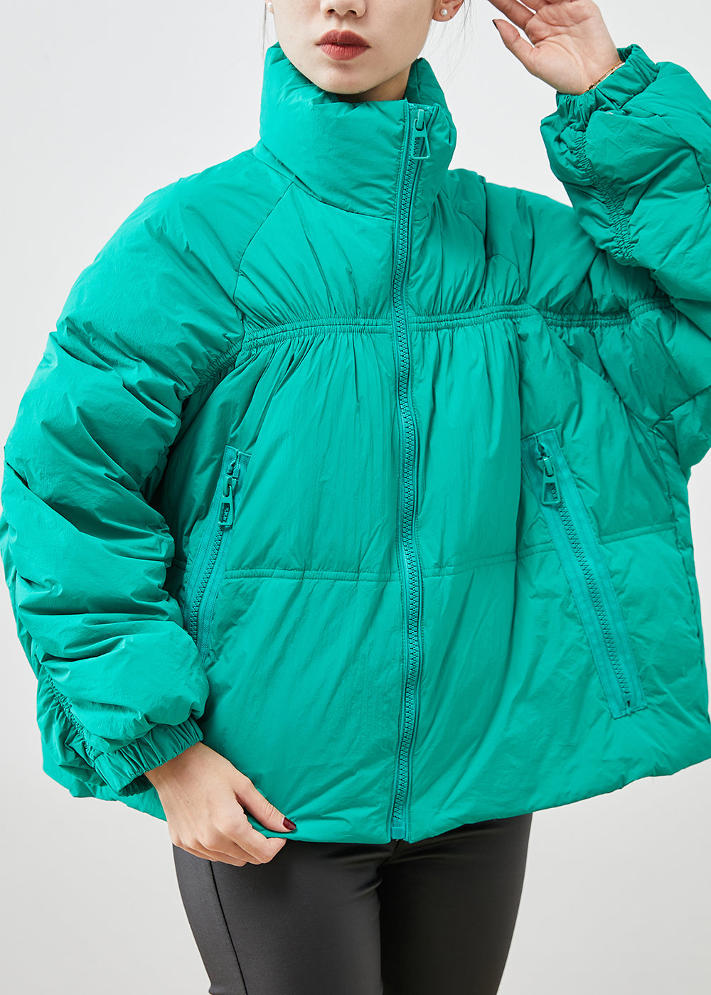 Green Zip Up Wrinkled Duck Down Puffers Jackets Winter