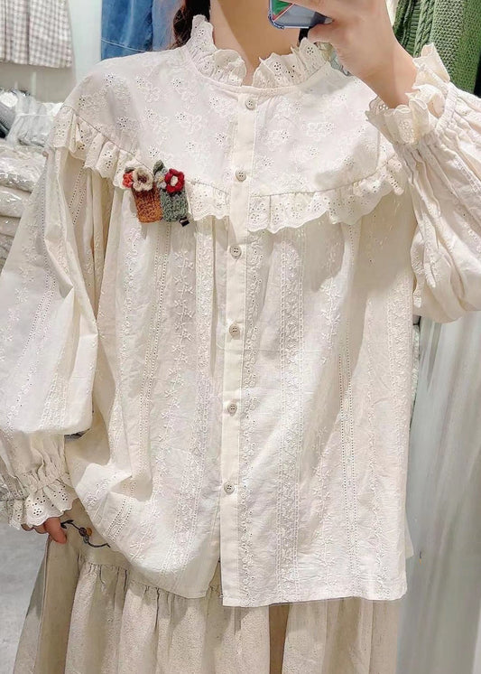 Beige Embroidered Hollow Out Cotton Blouse Spring