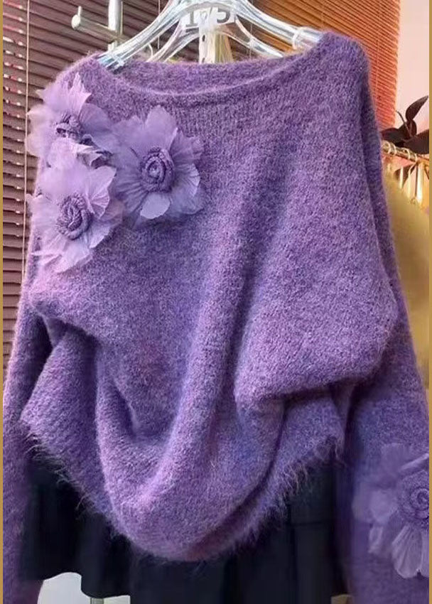 Diy Purple O-neck Knitted Tops Winter