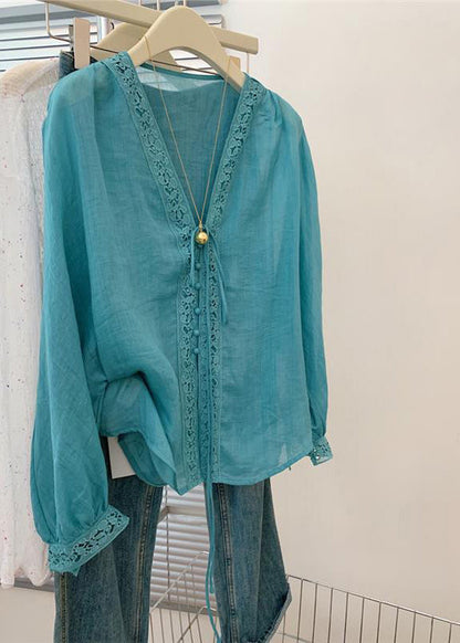 Blue V Neck Hollow Out Top Fall