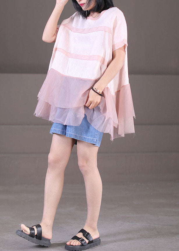 Pink O-neck Tulle Patchwork Cotton Linen Loose Tank Tops Short Sleeve