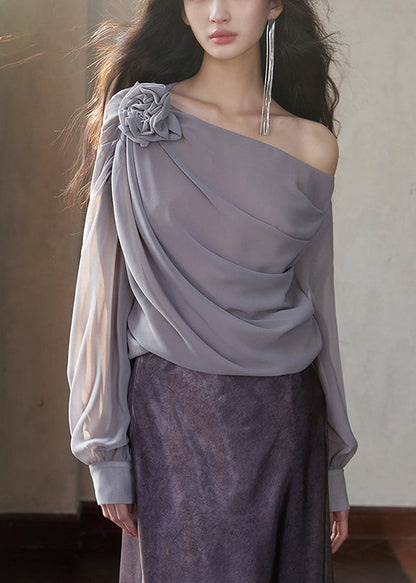 Grey Asymmetrical Chiffon Shirt Long Sleeve