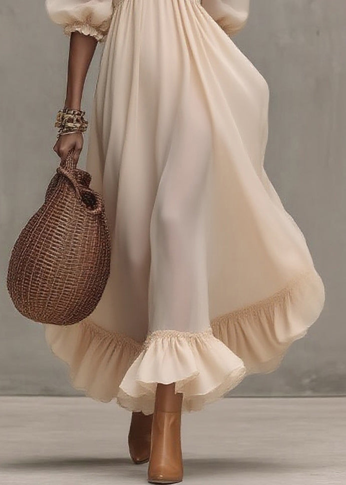 Natural Ruffled Patchwork Party Long Dress Short Sleeve