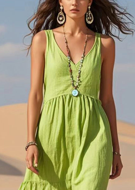 Fruit Green V Neck Cotton Summer Dress Sleeveless