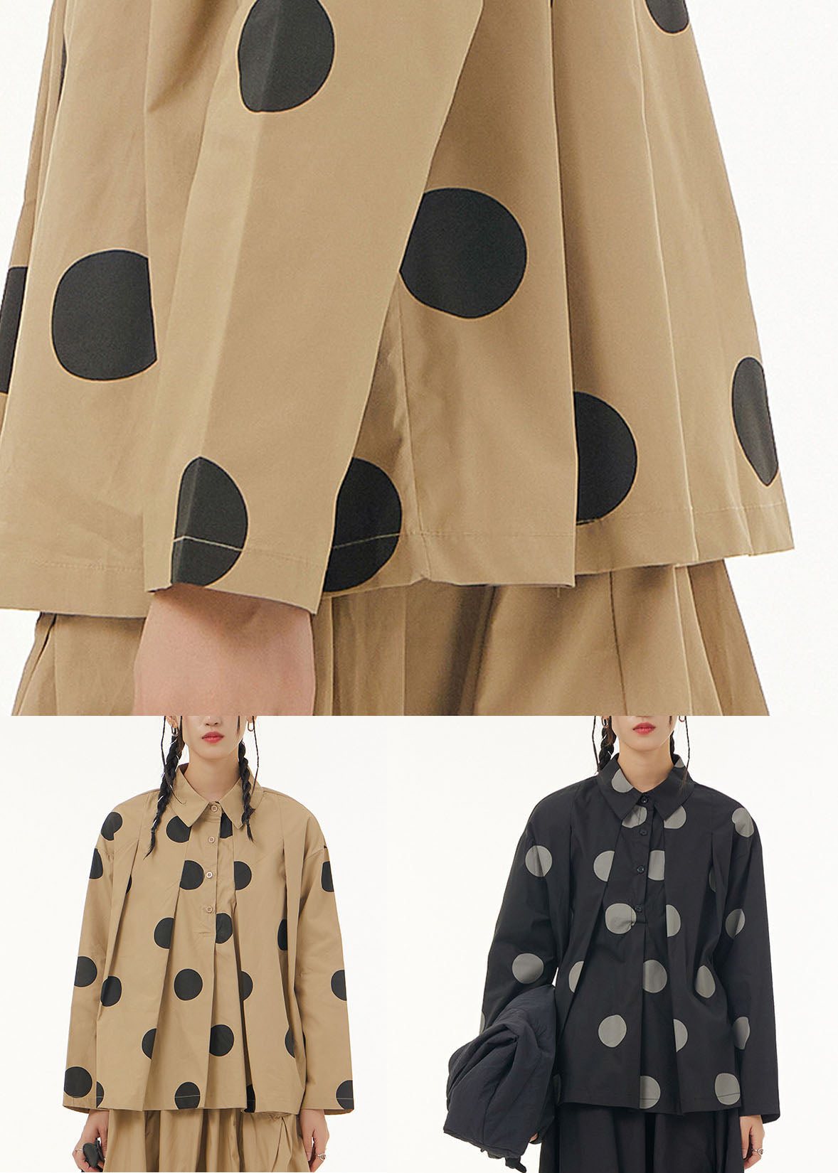 Khaki Peter Pan Collar Dot Print Patchwork Cotton Shirt Spring