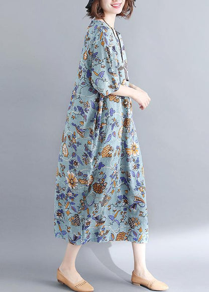 Organic Royal Blue Print O-neck Cotton Linen Robe Dresses Summer
