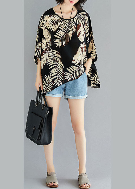 Boutique Black O-neck Print Asymmetrical Design Fall Half Sleeve Blouse Top