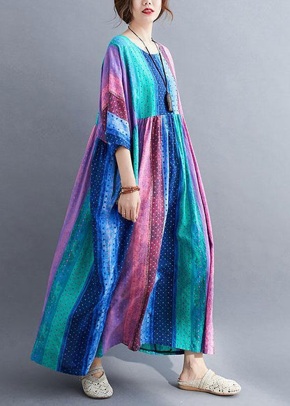 French Color Block Striped Print Loose Summer Vacation Dresses Half Sleeve