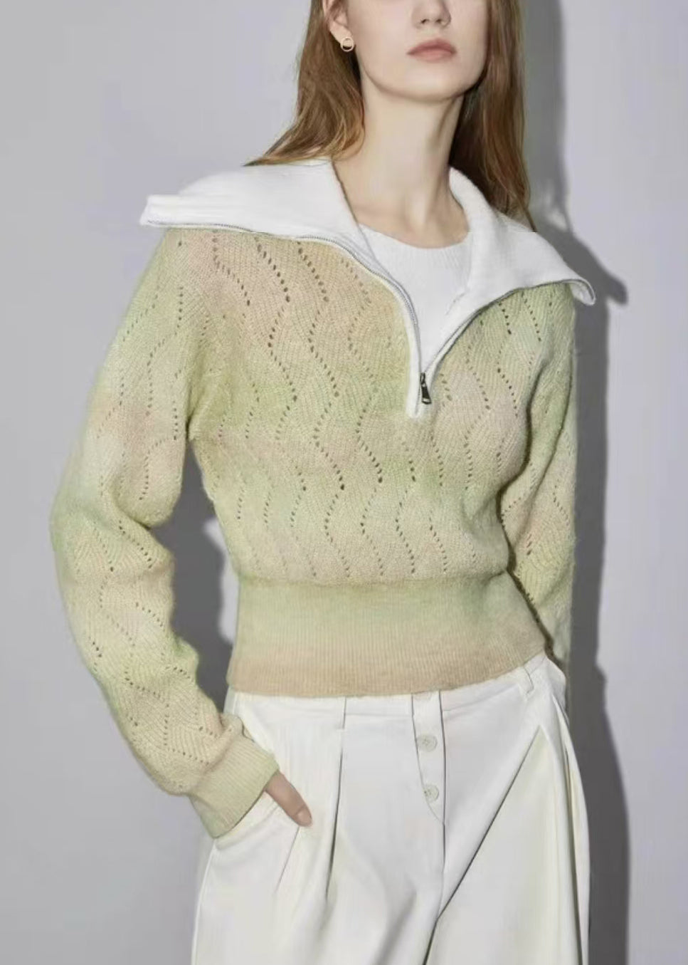 Green Zip Up Hollow Out Wool Knit Sweater Winter