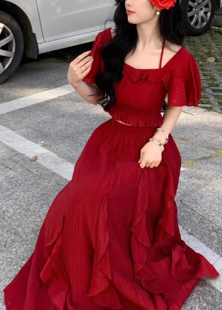 Red Ruffled Tops and Skirts Cotton Two Pieces Set Butterfly Sleeve